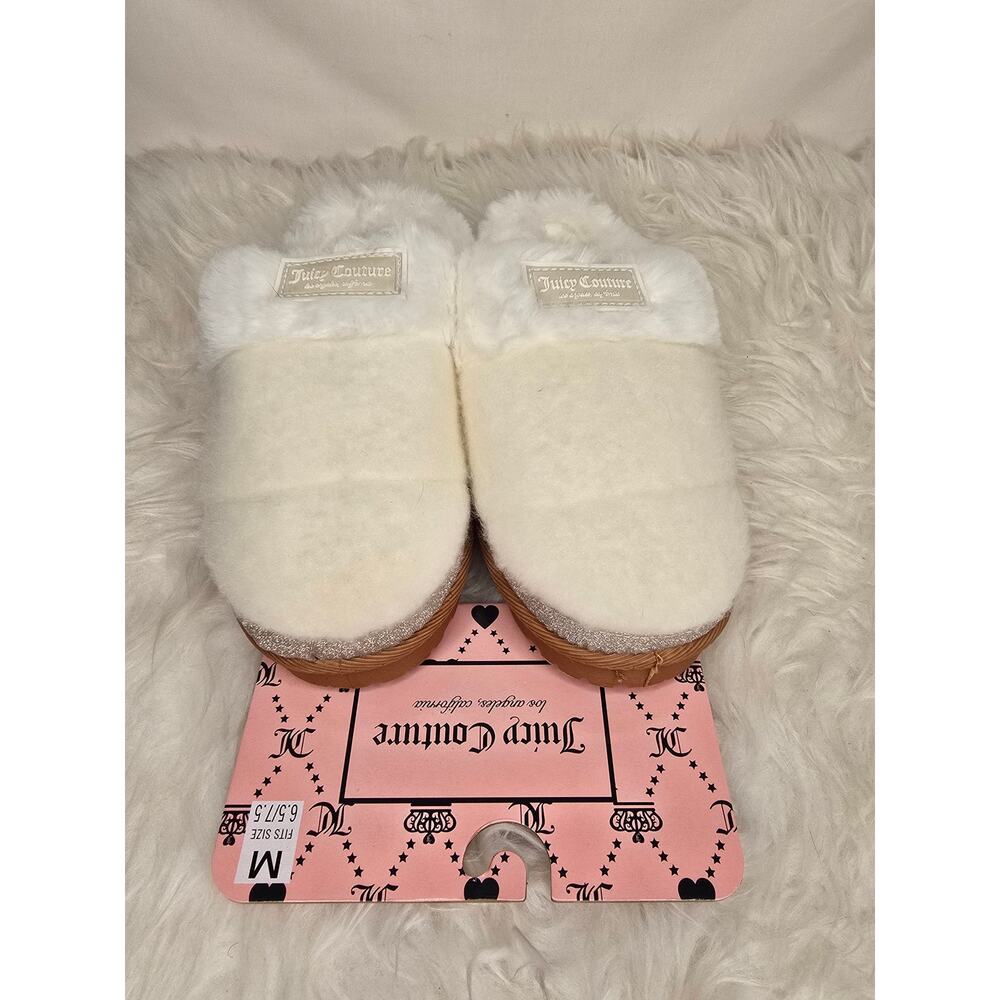 Women's Juicy Couture White Fuzzy Slippers